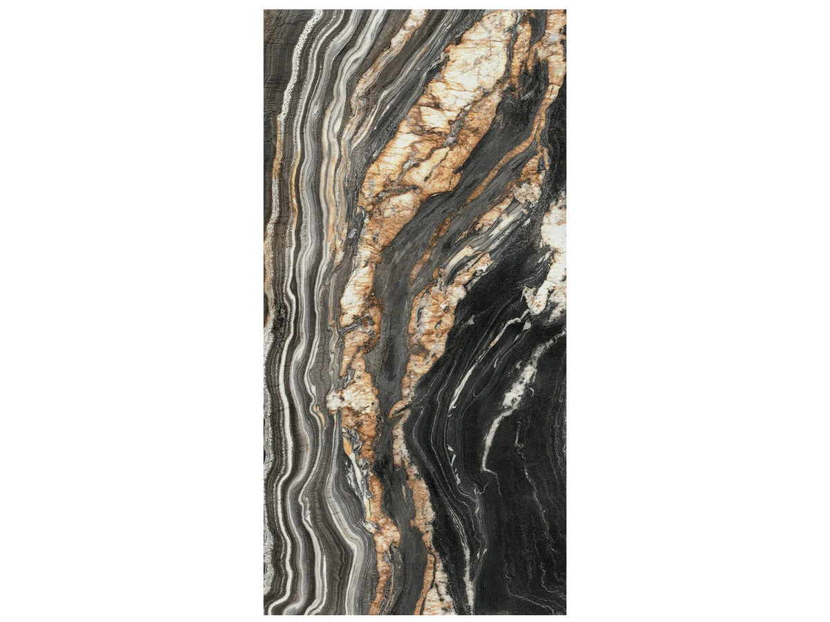 63 x 126 in Majesto Oro Noir Block 25 Bookmatch Cut Honed Rectified Sintered Stone Porcelain Slab 6 mm (1/4 in)
