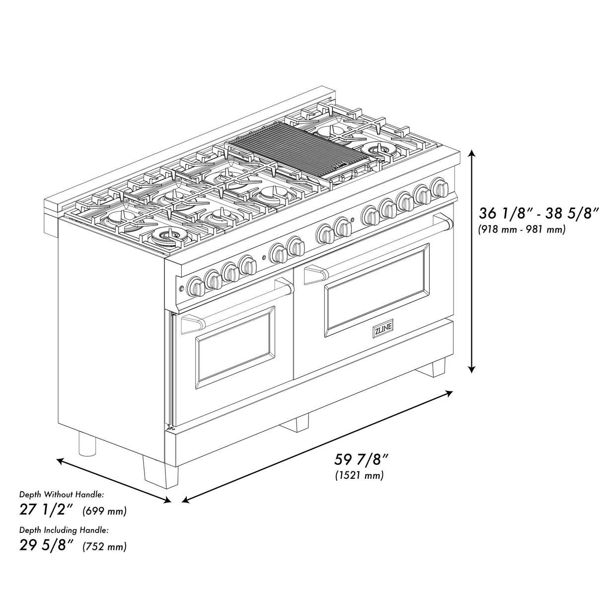 ZLINE 48 in. 6.0 cu. ft. Legacy Dual Fuel Range with 7 Burner Gas Cooktop and 2 Electric Ovens in Stainless Steel in Griddle (RA-GR-48)
