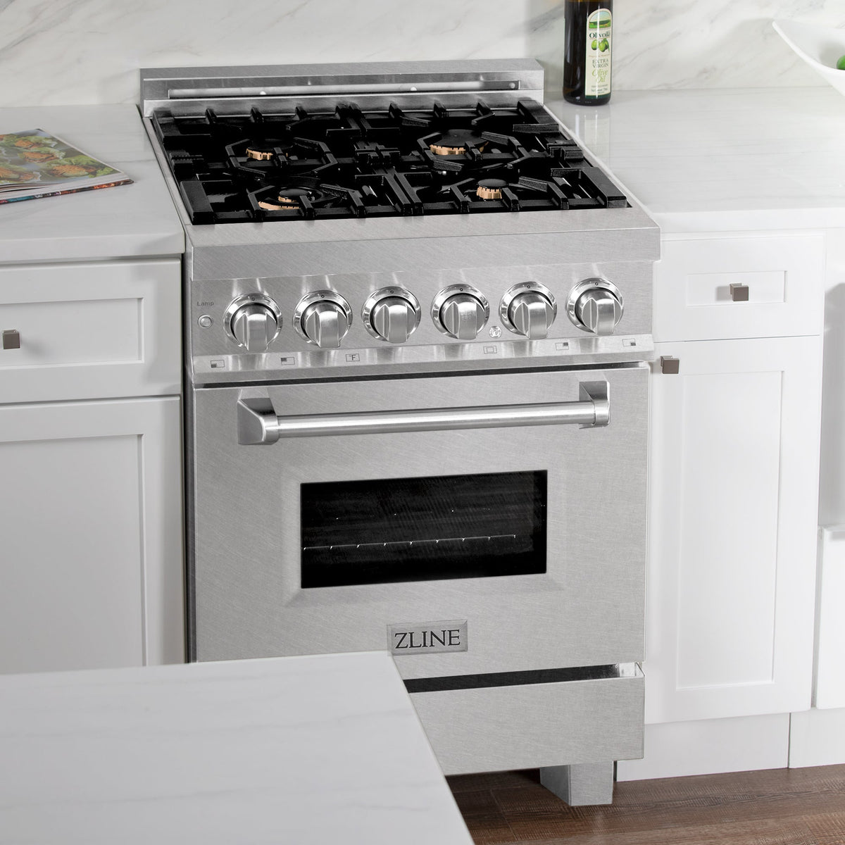 ZLINE 24 in. 2.8 cu. ft. Legacy Dual Fuel Range with Gas Cooktop and Electric Convection Oven in Satin Stainless Steel with 4 Brass Burners (RAS-SN-BR-24)