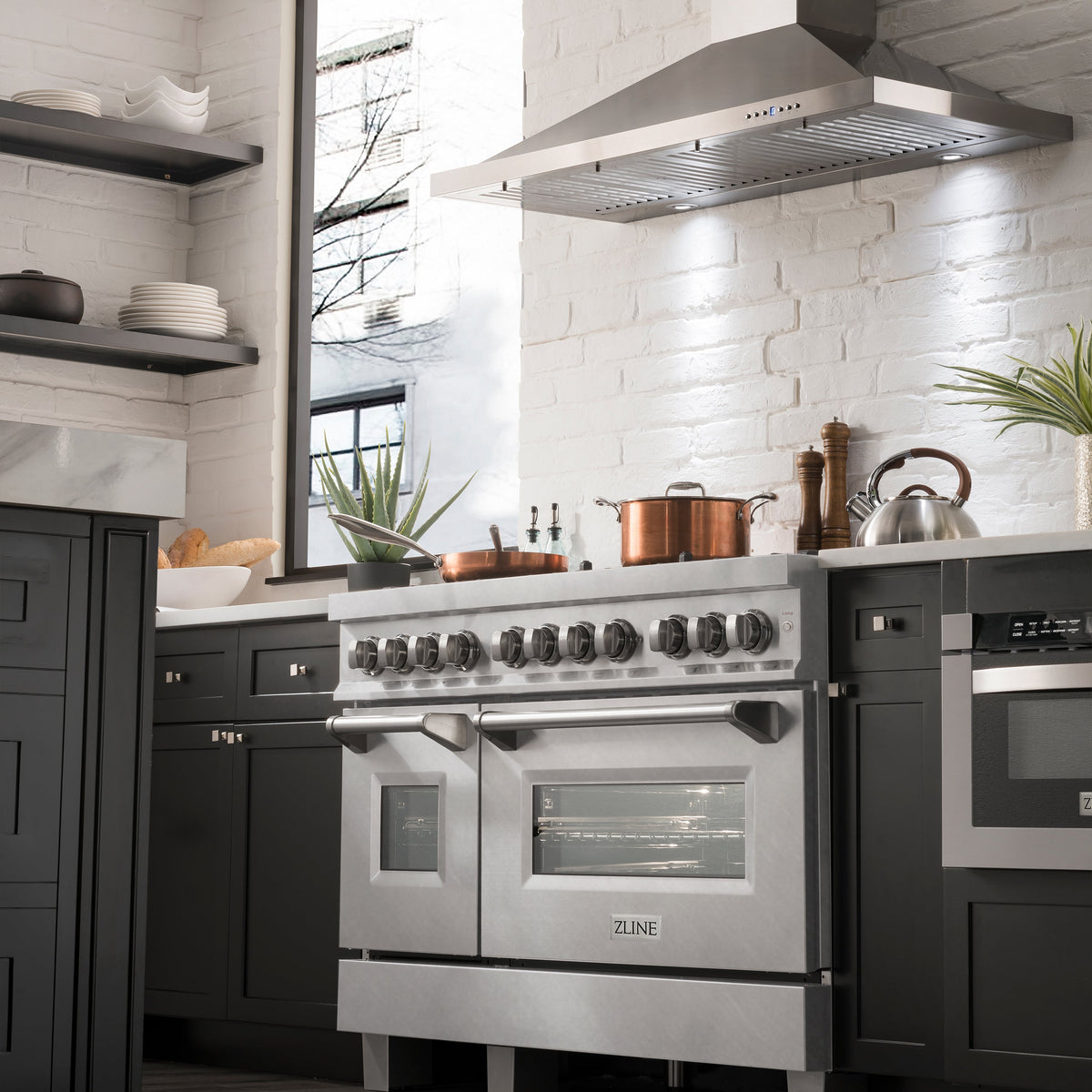 ZLINE 48 in. 6.0 cu. ft. Legacy Dual Fuel Range with Gas Cooktop and 2 Electric Ovens in Satin Stainless Steel with 6 Brass Burners (RAS-SN-BR-48)