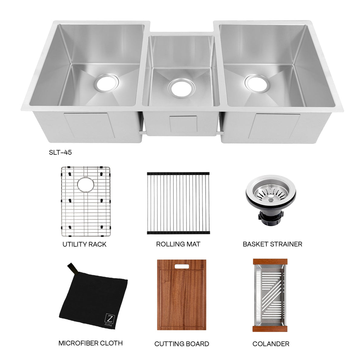 ZLINE 45 in. Breckenridge Undermount Triple Bowl Stainless Steel Kitchen Sink with Bottom Grid and Accessories (SLT-45)