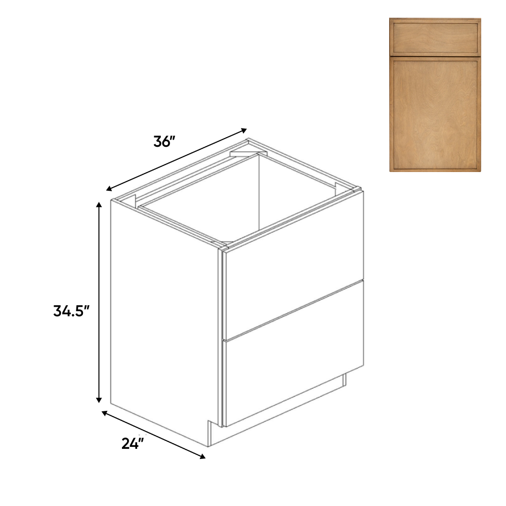 Slim Shaker Karamel - 36 Inch Double Drawer Base Cabinet - 36" Width x 34.5" Height x 24" Depth