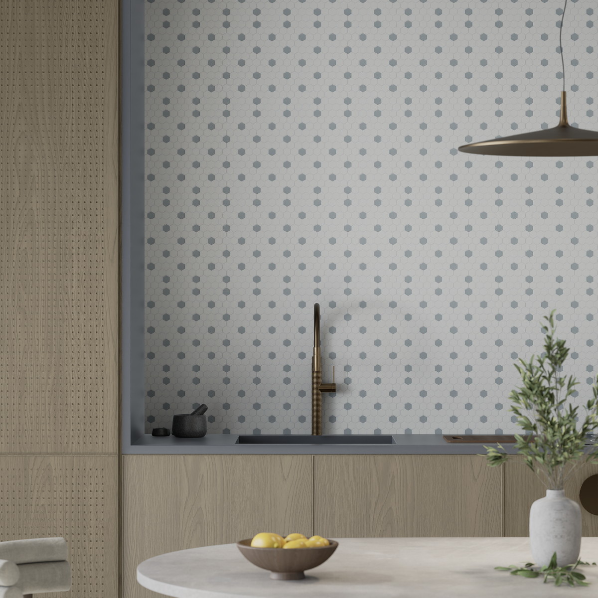 1 in Hexagon Canvas White W/ Insert Soho Cloud Blue Matte Glazed Porcelain Mosaic