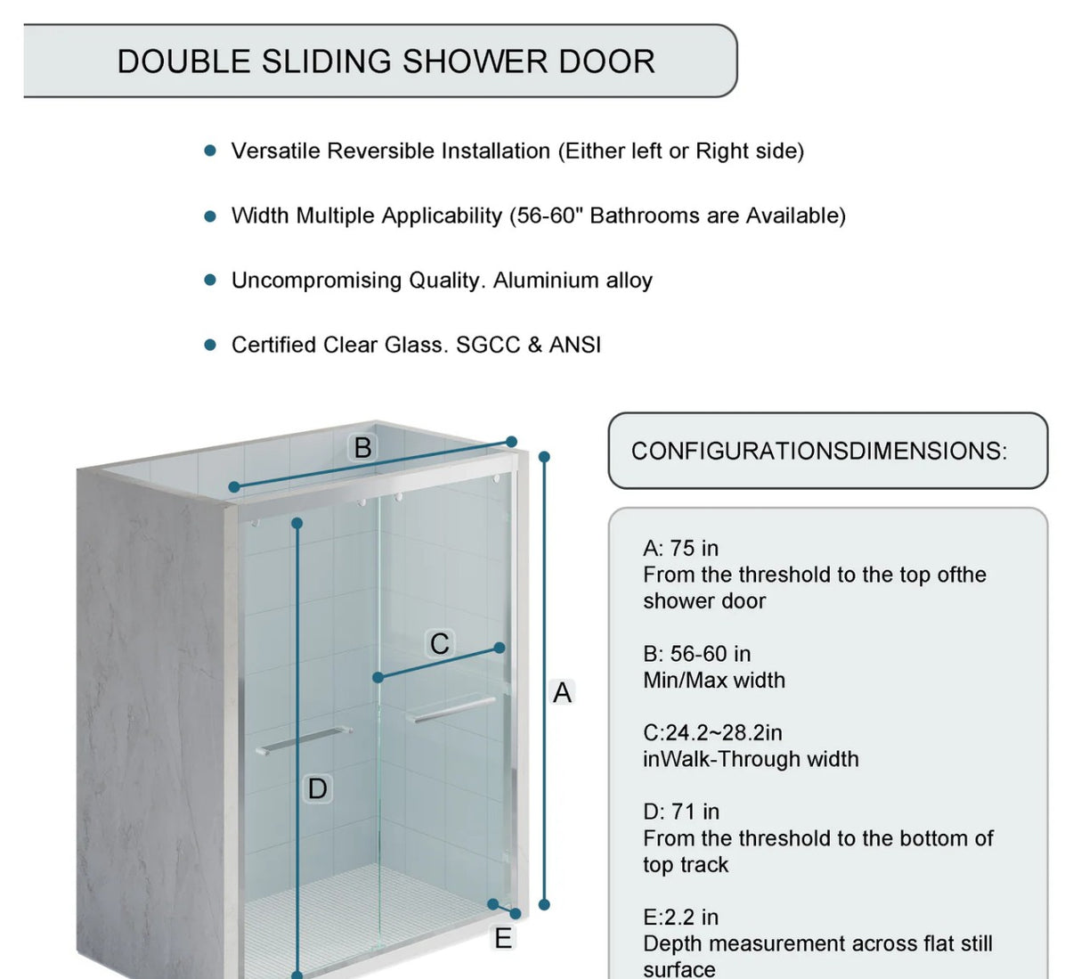 Wellfor 56–60 Inch Double Sliding Shower Door with Chrome Aluminum Alloy Frame and 5/16" Tempered Clear Glass - P303460