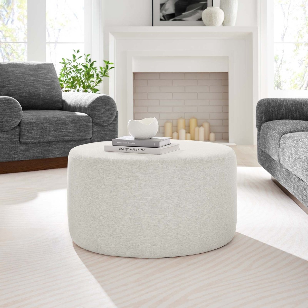 Callum Large 29" Round Woven Heathered Fabric Upholstered Ottoman - BUILDMYPLACE