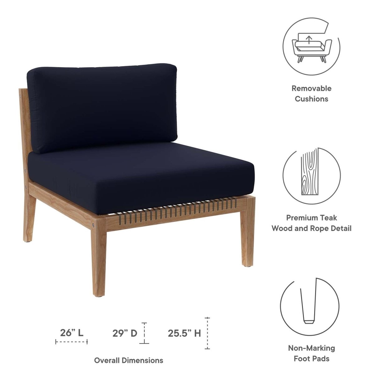 Clearwater Outdoor Patio Teak Wood Armless Chair - BUILDMYPLACE