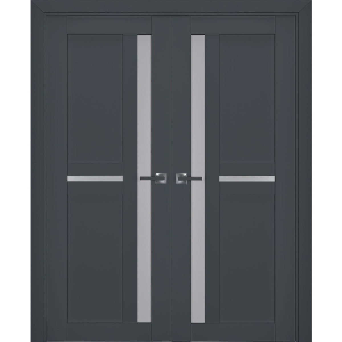 Interior Solid French Double Doors | Veregio 7288 Antracite with Frosted Glass | Wood Solid Panel Frame Trims | Closet Bedroom Sturdy Doors