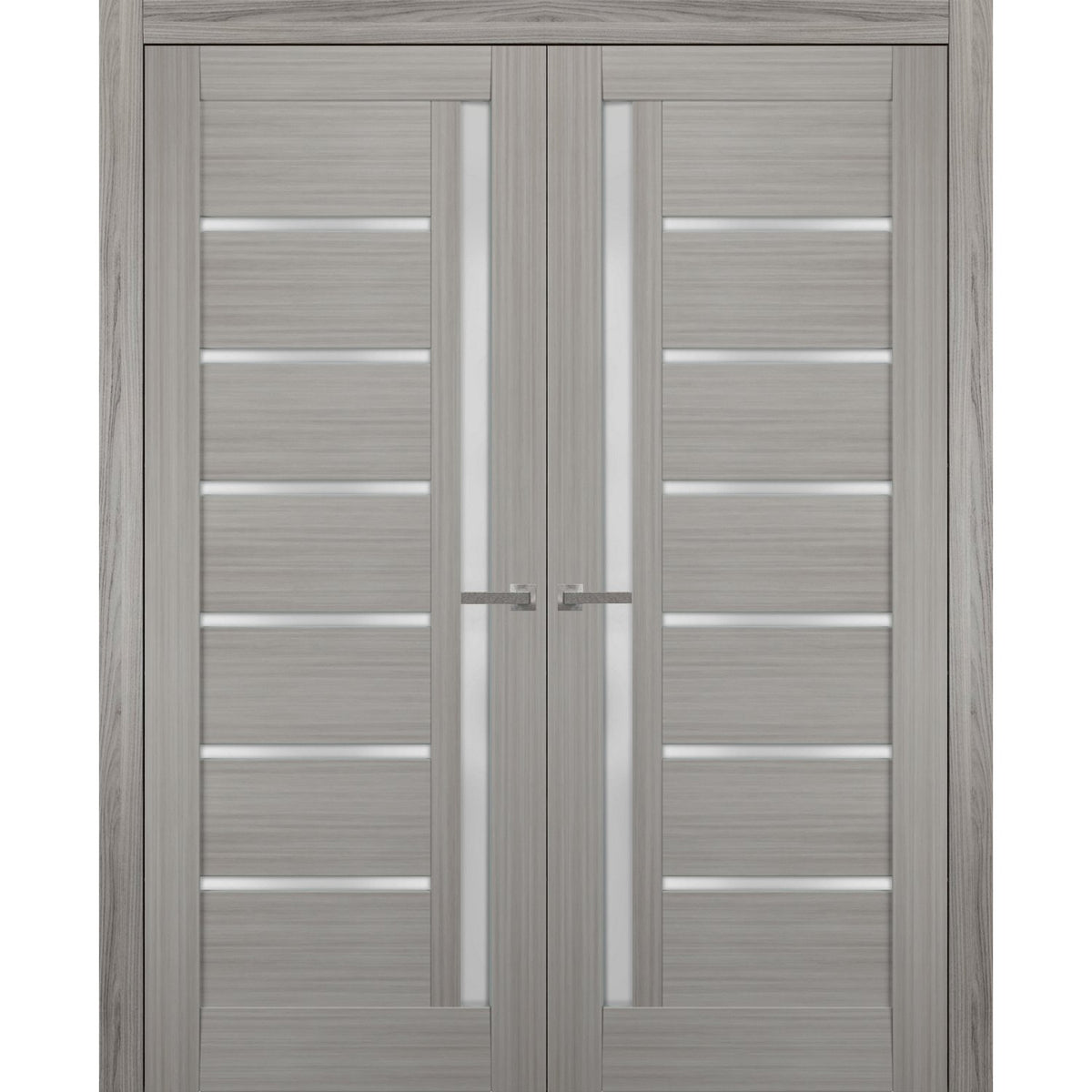 Solid French Double Doors | Quadro 4088 Grey Ash with Frosted Glass | Wood Solid Panel Frame Trims | Closet Bedroom Sturdy Doors