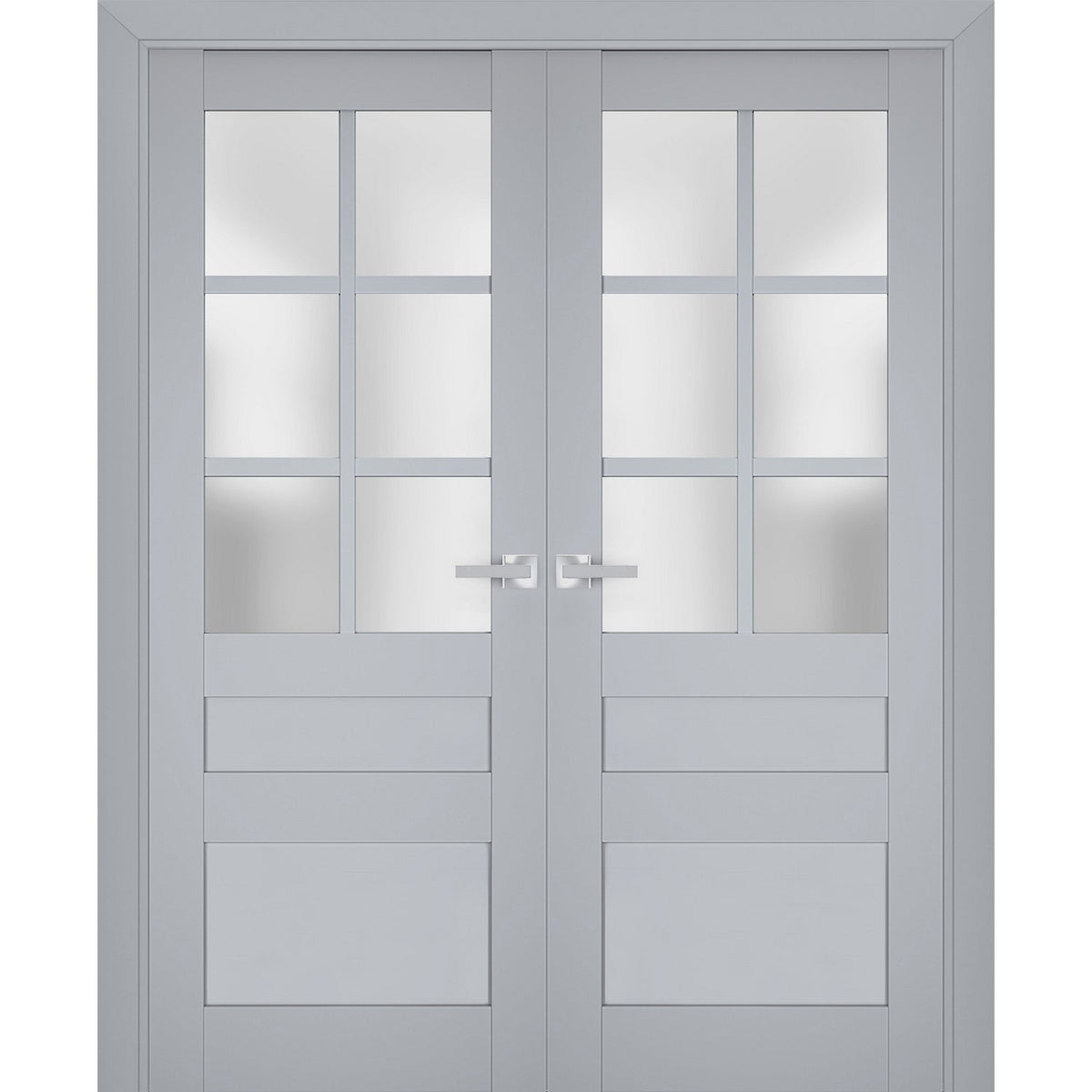 Interior Solid French Double Doors | Veregio 7339 Matte Grey with Frosted Glass | Wood Solid Panel Frame Trims | Closet Bedroom Sturdy Doors