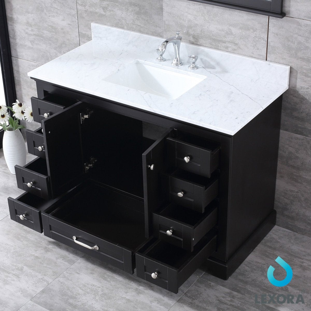 Dukes 48" Espresso Single Vanity, White Carrara Marble Top, White Square Sink and 46" Mirror - BUILDMYPLACE