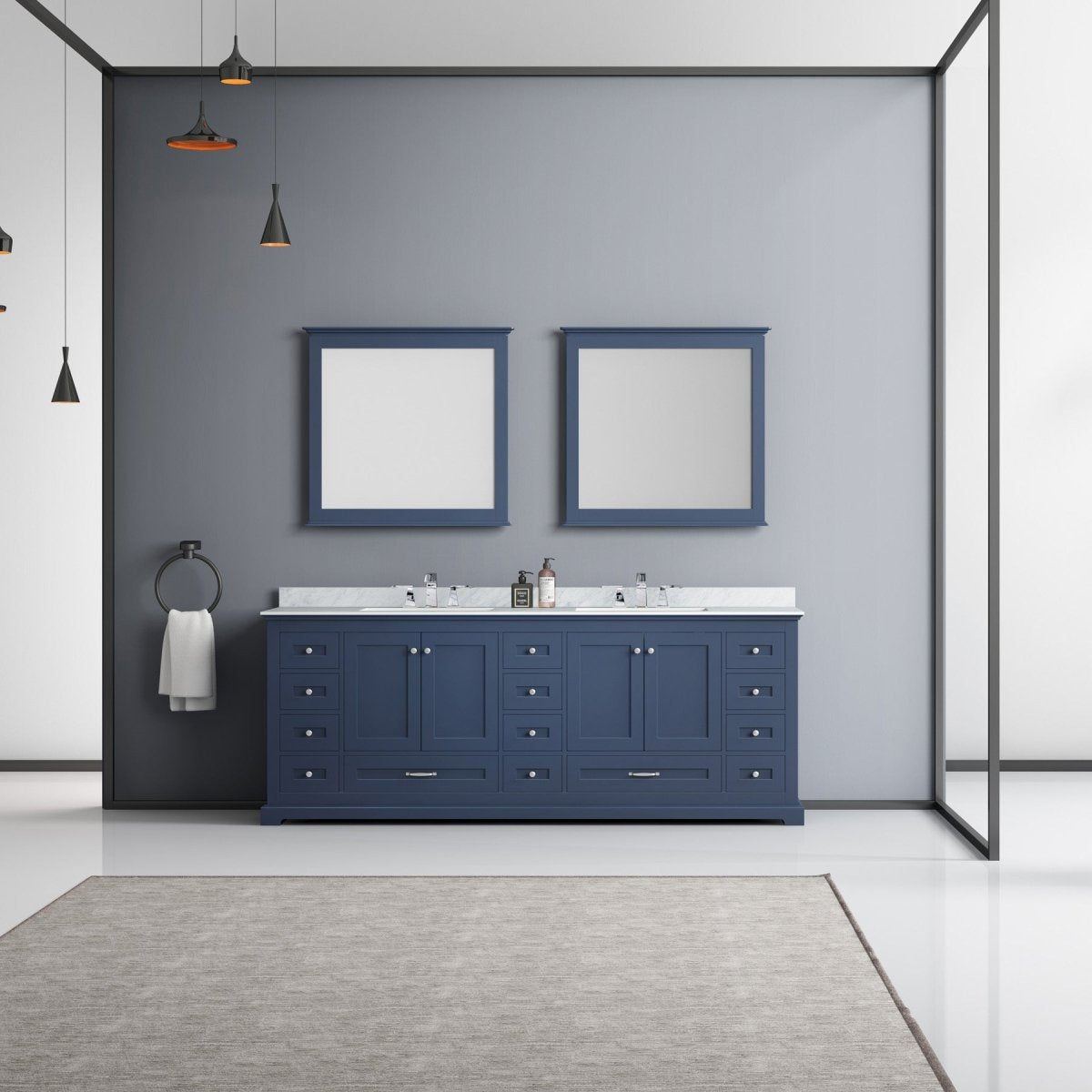 Dukes 84" Navy Blue Double Vanity, White Carrara Marble Top, White Square Sinks and 34" Mirrors - BUILDMYPLACE