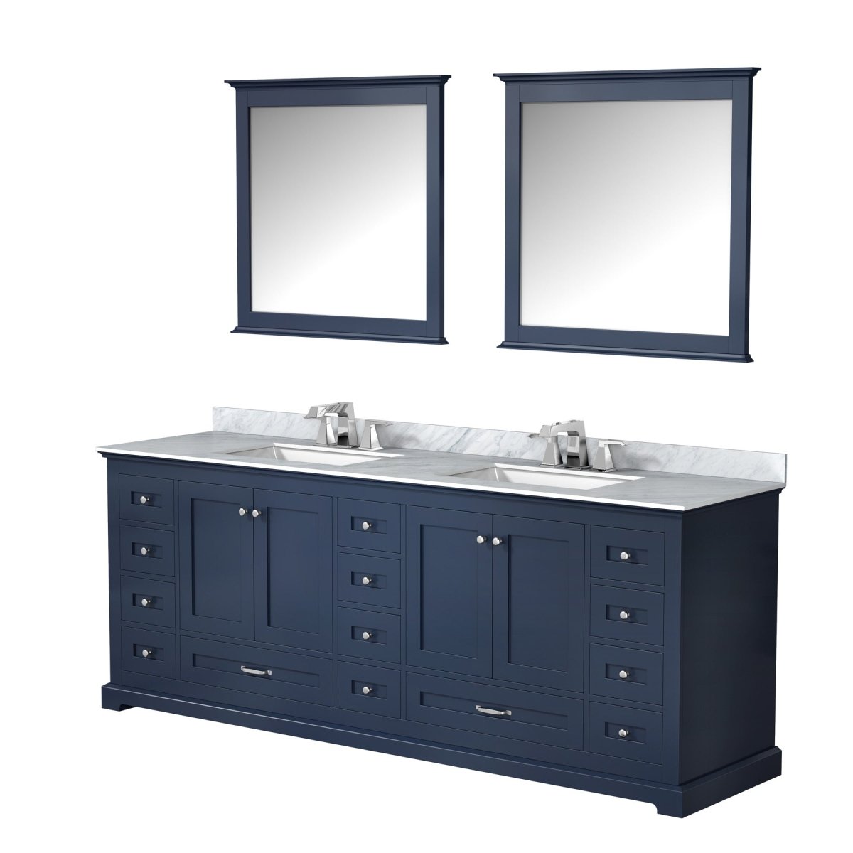 Dukes 84" Navy Blue Double Vanity, White Carrara Marble Top, White Square Sinks and 34" Mirrors - BUILDMYPLACE