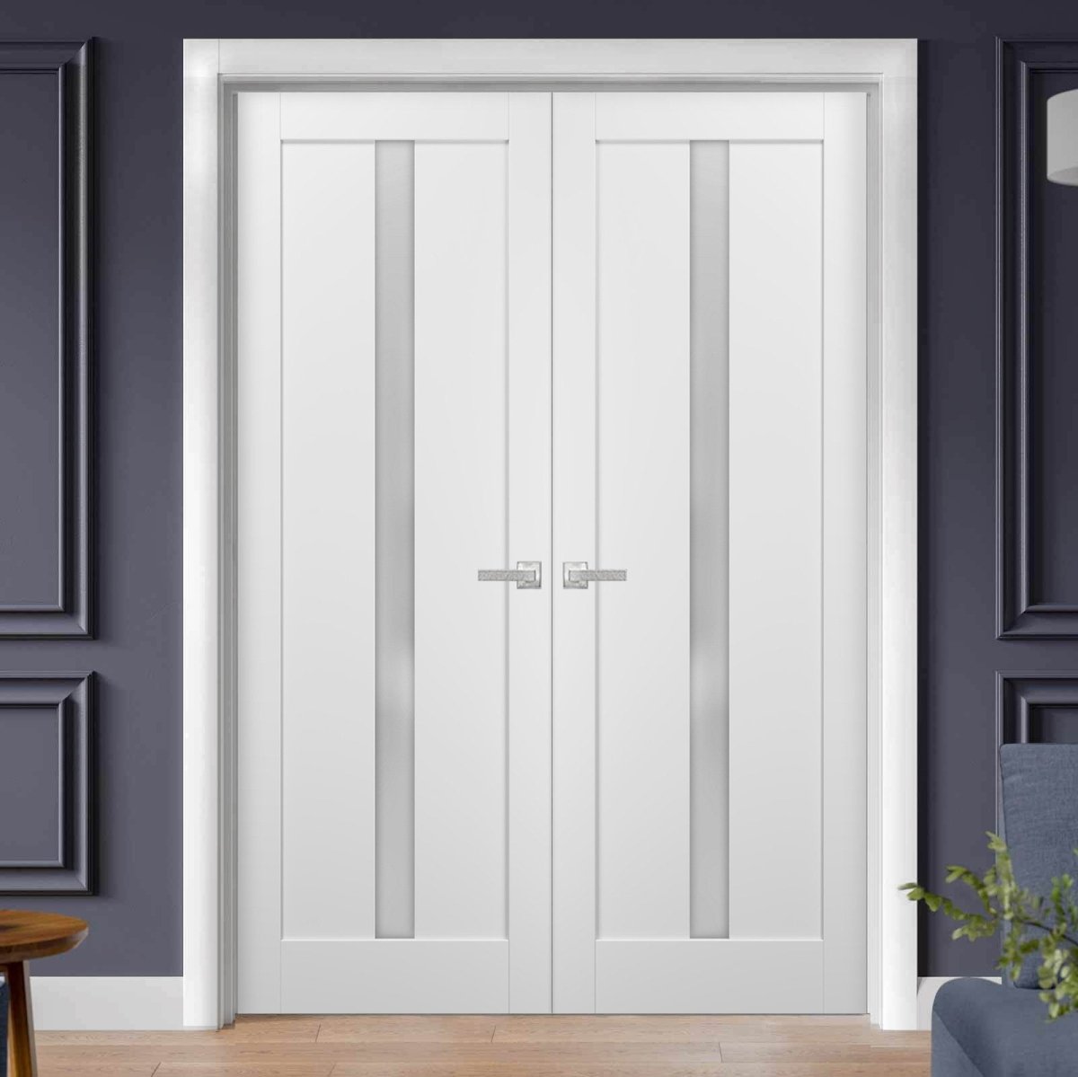 French Double Panel Lite Doors with Hardware | Quadro 4112 White Silk with Frosted Glass | Panel Frame Trims | Bathroom Bedroom Interior Sturdy Door - BUILDMYPLACE