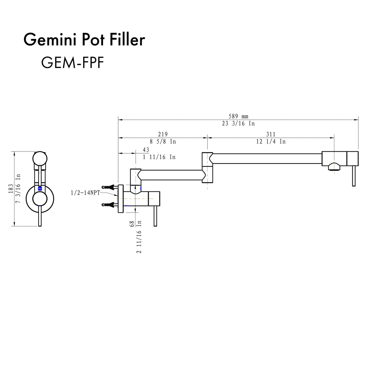 ZLINE Gemini Pot Filler in Matte Black (GEM-FPF-MB)
