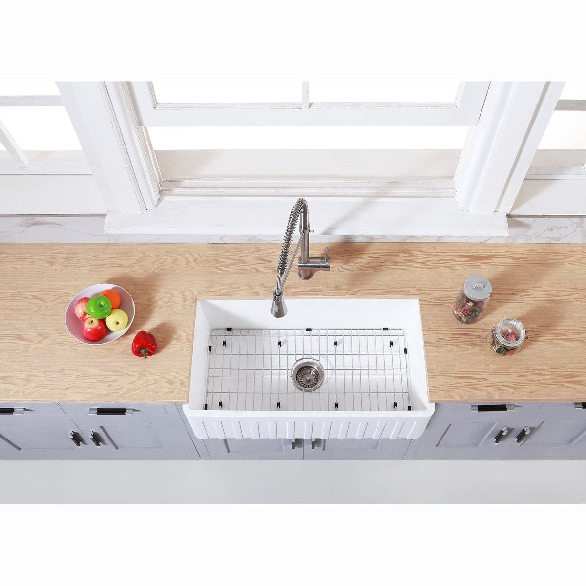 Gourmetier 33" x 18" Farmhouse Kitchen Sink with Strainer and Grid, Matte White/Brushed - BUILDMYPLACE