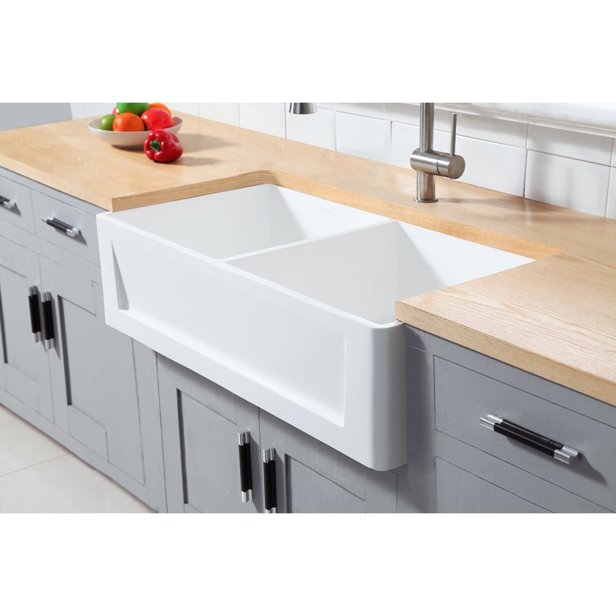 Gourmetier 36" x 18" Solid Surface Double Bowl Farmhouse Kitchen Sink, Matte White - BUILDMYPLACE