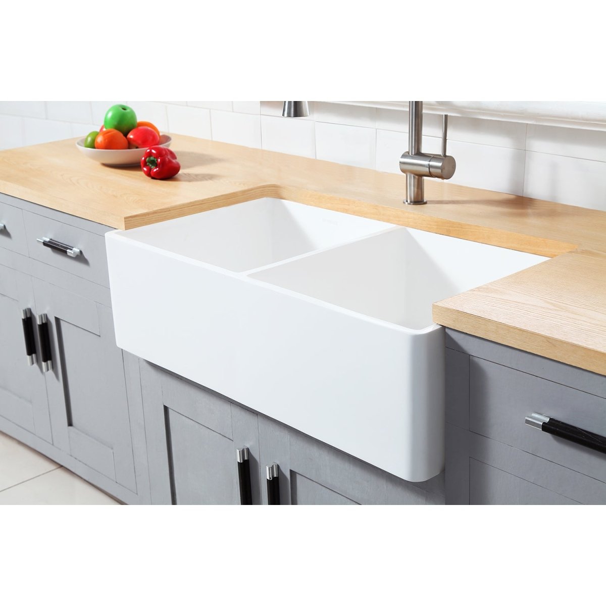 Gourmetier Solid Surface Double Bowl Farmhouse Kitchen Sink, Matte White - BUILDMYPLACE