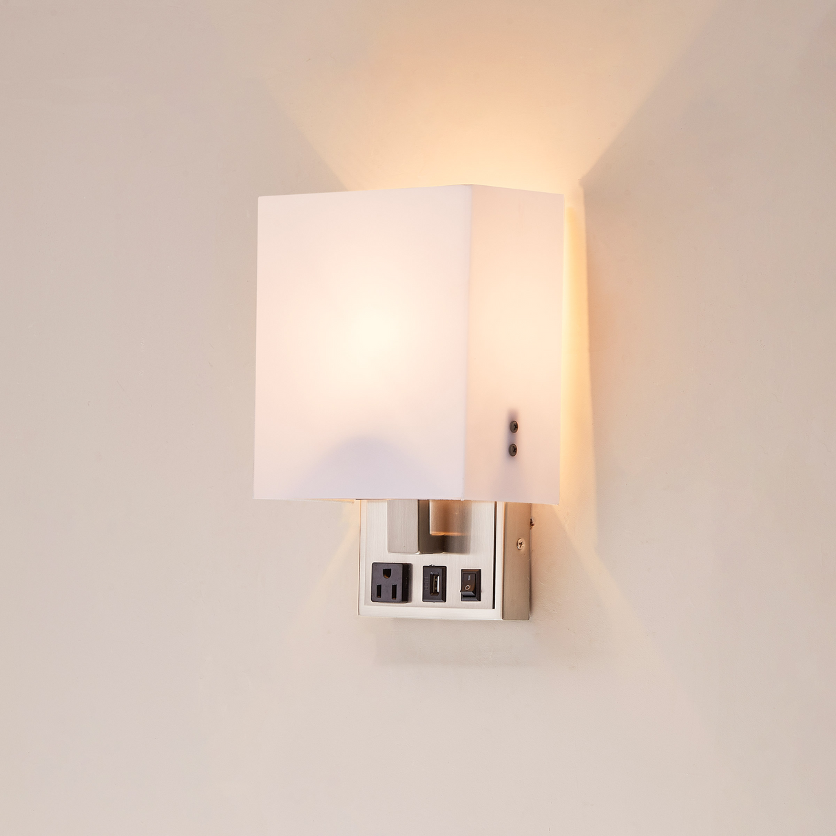 Modern LED Wall Sconce With 1 USB, 1 Switch, 1 Outlet - ETL Listed, Satin Nickel Finish W/ White shade