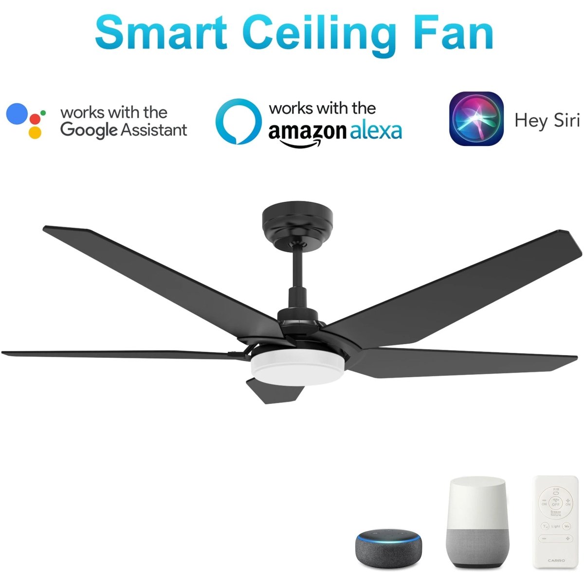 KAJ 52 inch 5 - Blade Smart Ceiling Fan with LED Light & Remote - LEDMyPlace