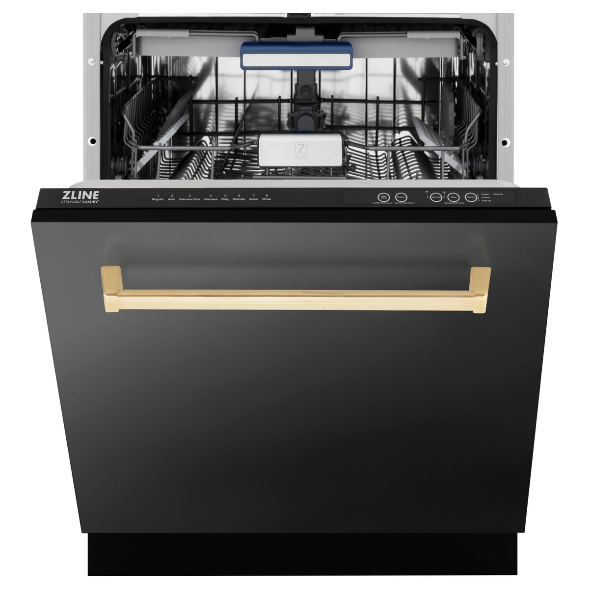 ZLINE Autograph Edition 24" Tallac Series 3rd Rack Top Control Built-In Tall Tub Dishwasher in Black Stainless Steel with Polished Gold Handle, 51dBa (DWVZ-BS-24-G)