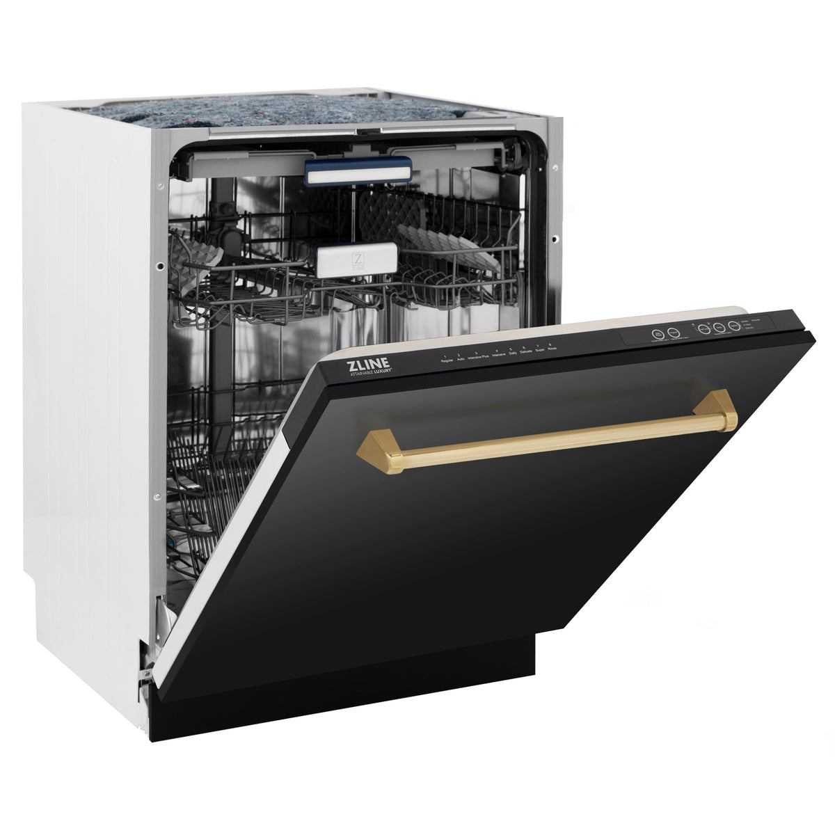 ZLINE Autograph Edition 24" Tallac Series 3rd Rack Top Control Built-In Tall Tub Dishwasher in Black Stainless Steel with Polished Gold Handle, 51dBa (DWVZ-BS-24-G)