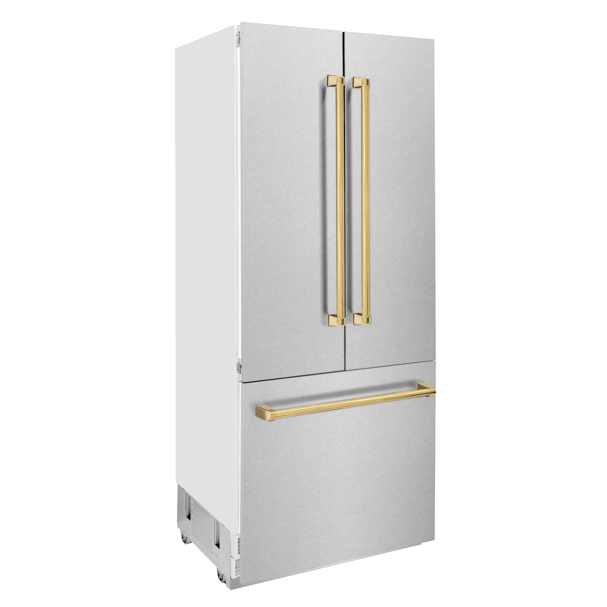 ZLINE Autograph Edition 36 in. 19.6 cu. ft. French Door Built-In Bottom Freezer Refrigerator with Water Dispenser and Ice Maker in Satin Stainless Steel with Polished Gold Accents (RBIVZ-SN-36-G)
