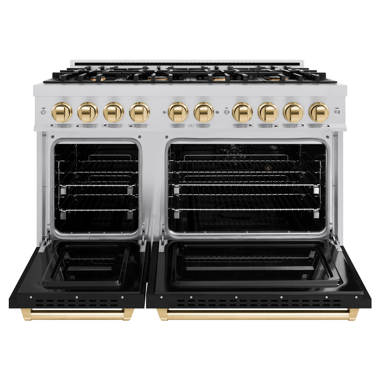 ZLINE Autograph Edition 48 in. 6.7 cu. ft. Classic Double Oven Dual Fuel Range with 8 Burner Gas Cooktop in Stainless Steel with Black Matte Doors and Polished Gold Accents (CDRZ-BLM-48-G)