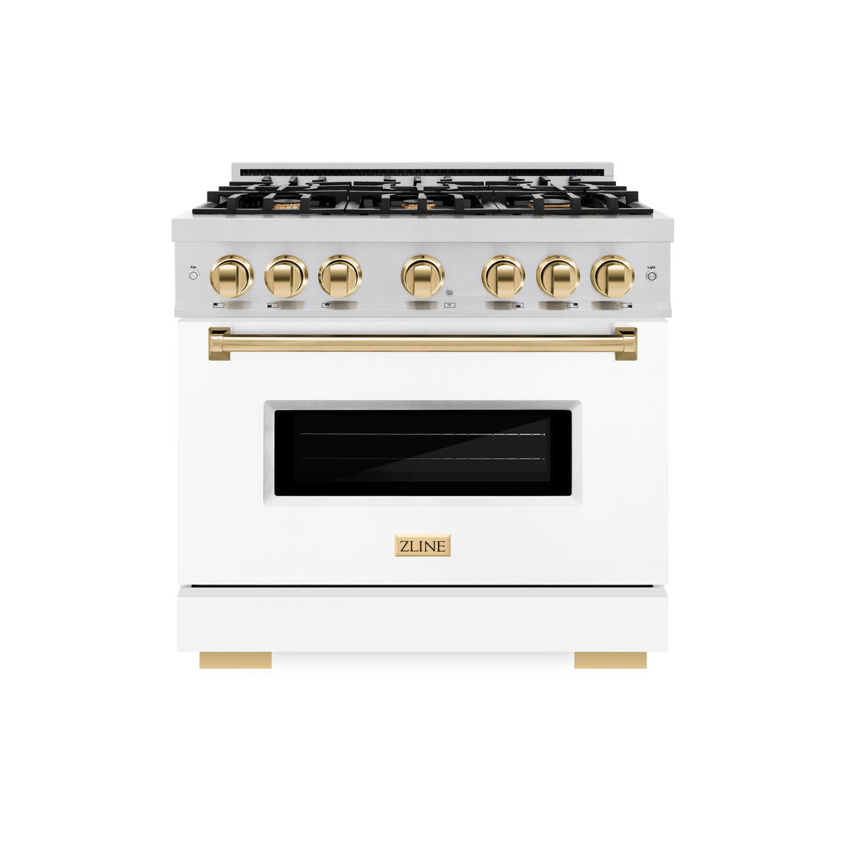 ZLINE Autograph Edition 36 in. 5.2 cu. ft. Classic Dual Fuel Range with 6 Burner Gas Cooktop and Electric Convection Oven in Stainless Steel with White Matte Door and Polished Gold Accents (CDRZ-WM-36-G)