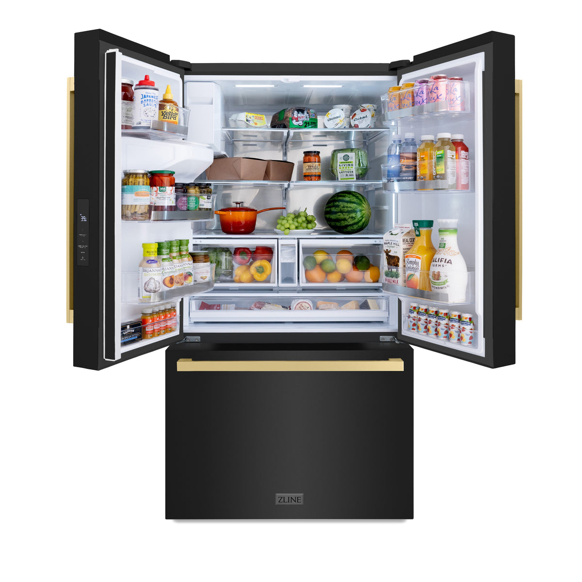 ZLINE Autograph Edition 36 in. 28.9 cu. ft. Standard-Depth French Door External Water Dispenser Refrigerator with Dual Ice Maker in Fingerprint-Resistant Black Stainless Steel and Champagne Bronze Modern Handles (RSMZ-W36-BS-FCB)