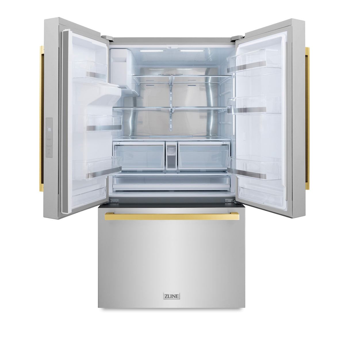ZLINE Autograph Edition 36 in. 28.9 cu. ft. Standard-Depth French Door External Water Dispenser Refrigerator with Dual Ice Maker in Fingerprint-Resistant Stainless Steel and Polished Gold Modern Handles (RSMZ-W-36-FG)