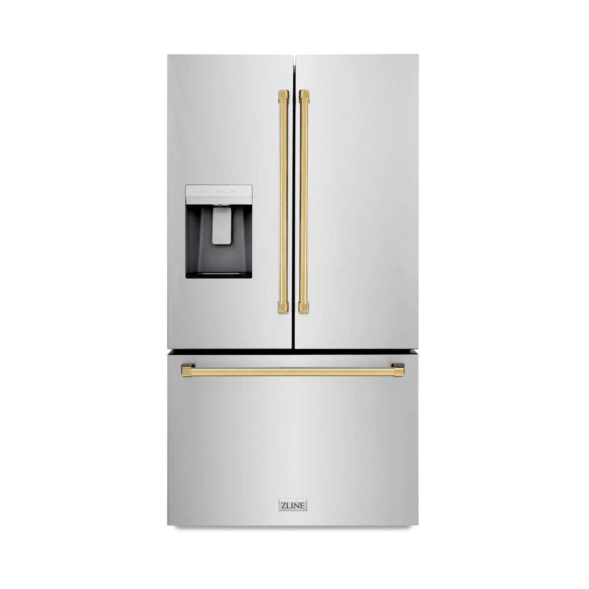 ZLINE Autograph Edition 36 in. 28.9 cu. ft. Standard-Depth French Door External Water Dispenser Refrigerator with Dual Ice Maker in Fingerprint-Resistant Stainless Steel and Polished Gold Traditional Handles (RSMZ-W-36-G)