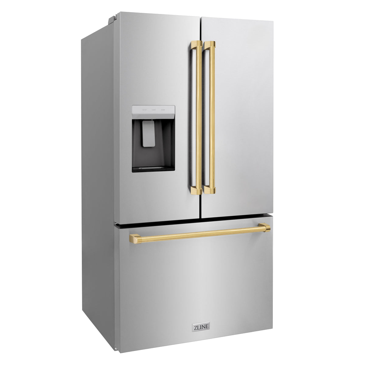 ZLINE Autograph Edition 36 in. 28.9 cu. ft. Standard-Depth French Door External Water Dispenser Refrigerator with Dual Ice Maker in Fingerprint-Resistant Stainless Steel and Polished Gold Traditional Handles (RSMZ-W-36-G)