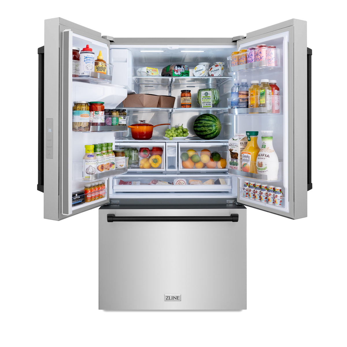 ZLINE Autograph Edition 36 in. 28.9 cu. ft. Standard-Depth French Door External Water Dispenser Refrigerator with Dual Ice Maker in Fingerprint-Resistant Stainless Steel and Matte Black Traditional Handles (RSMZ-W-36-MB)