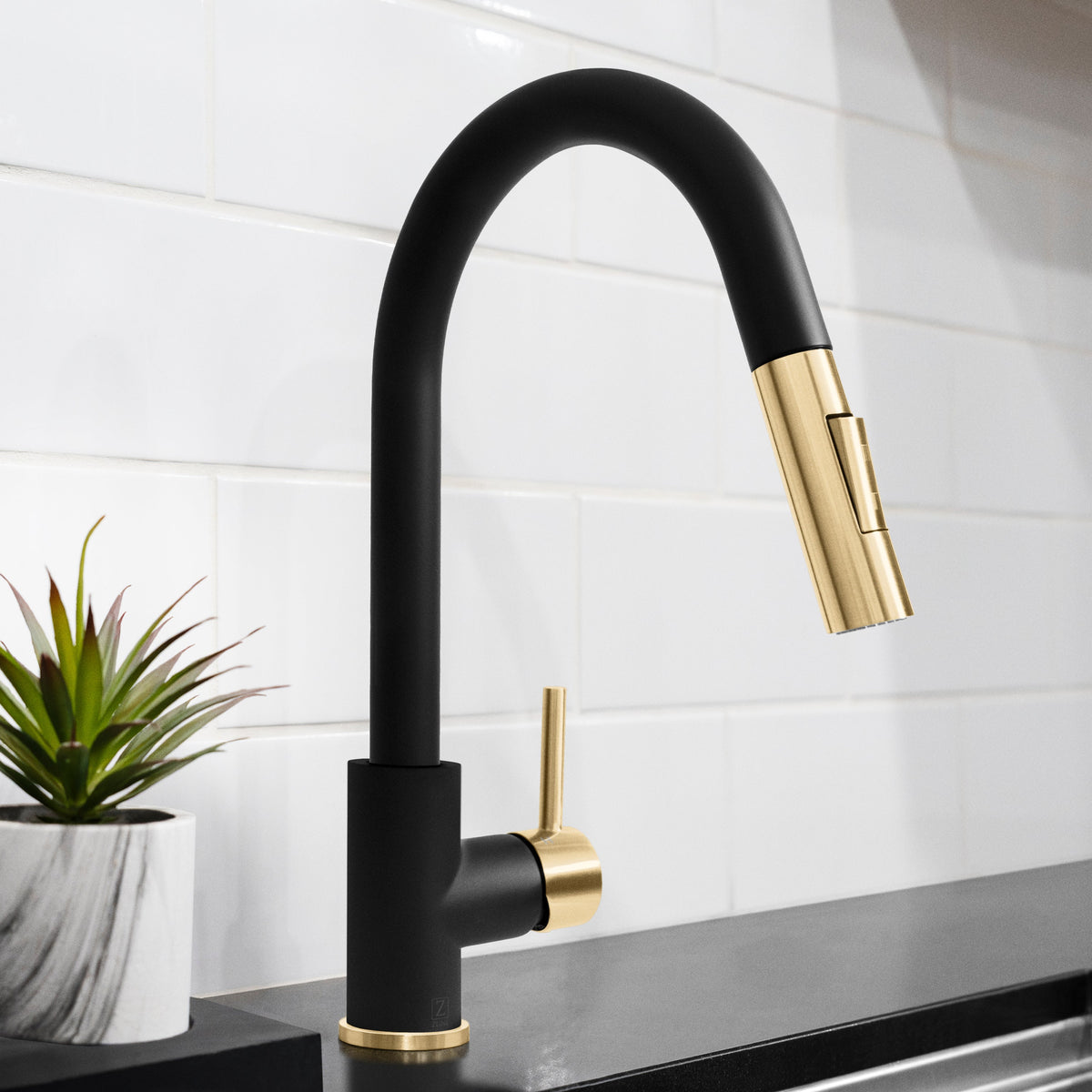 ZLINE Autograph Edition Gemini Pull Down Single Handle Kitchen Faucet in Matte Black and Champagne Bronze (GEM-KF-ZMBCB)