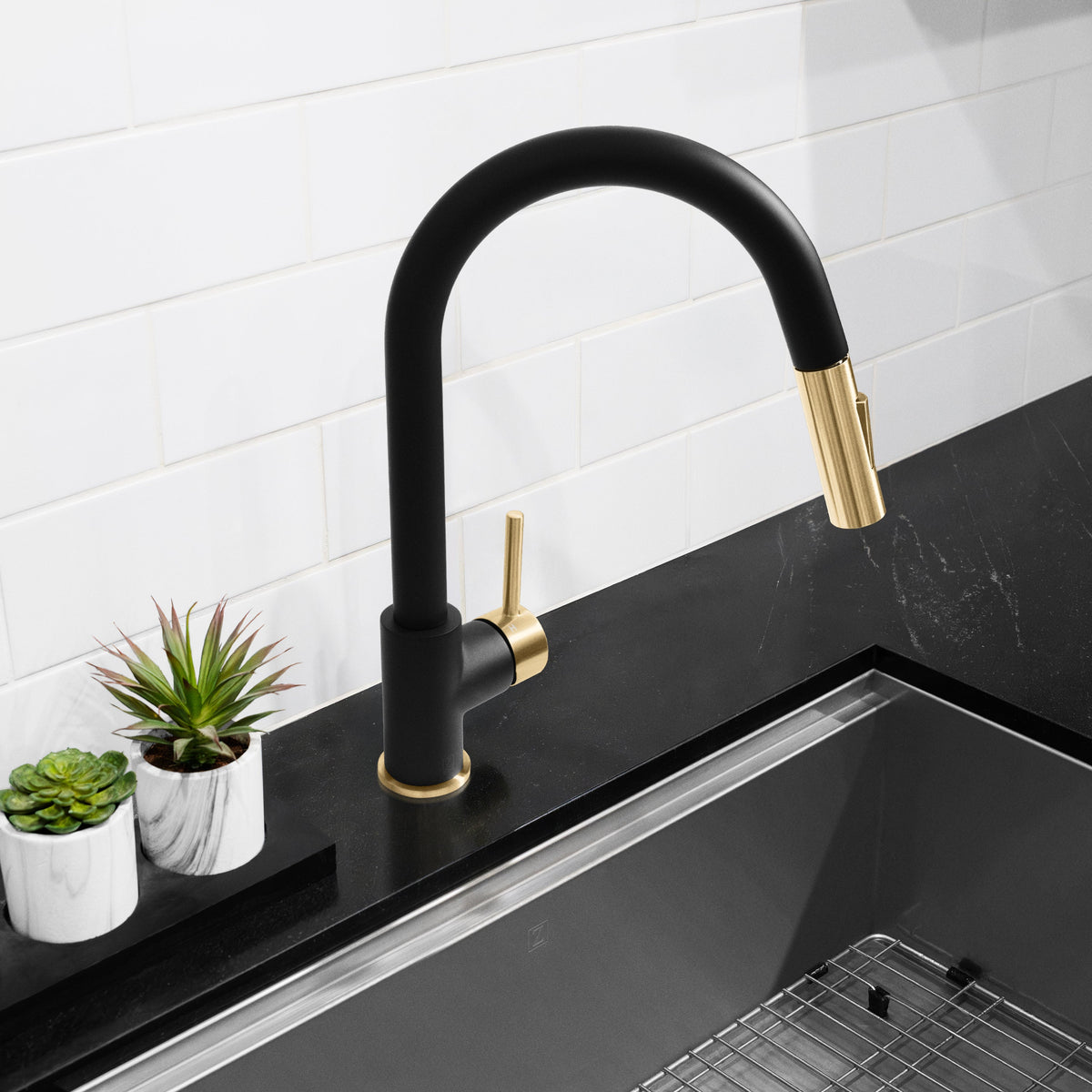 ZLINE Autograph Edition Gemini Pull Down Single Handle Kitchen Faucet in Matte Black and Champagne Bronze (GEM-KF-ZMBCB)