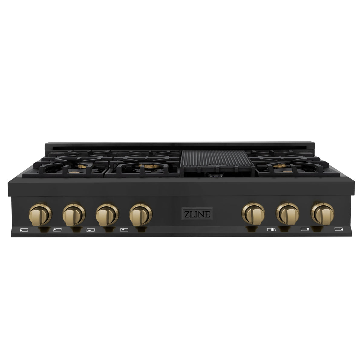 ZLINE Autograph Edition 48 in. Legacy Gas Rangetop with 7 Burners and Porcelain Cooktop in Black Stainless Steel with Champagne Bronze Accents (RTBZ-48-CB)