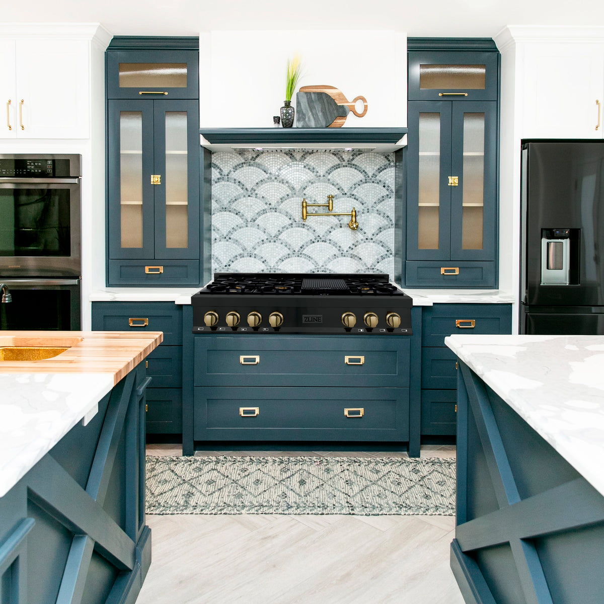 ZLINE Autograph Edition 48 in. Legacy Gas Rangetop with 7 Burners and Porcelain Cooktop in Black Stainless Steel with Champagne Bronze Accents (RTBZ-48-CB)