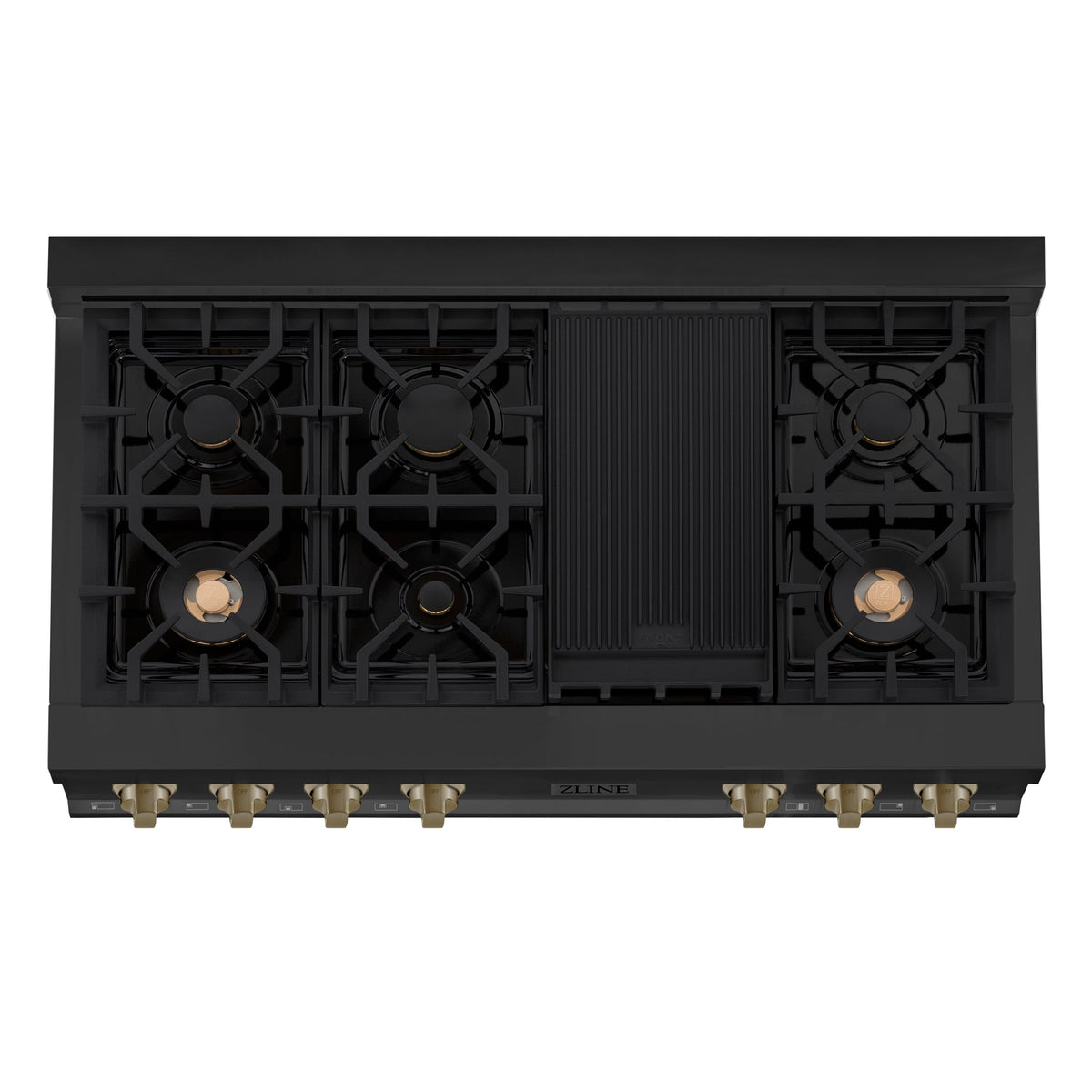ZLINE Autograph Edition 48 in. Legacy Gas Rangetop with 7 Burners and Porcelain Cooktop in Black Stainless Steel with Champagne Bronze Accents (RTBZ-48-CB)