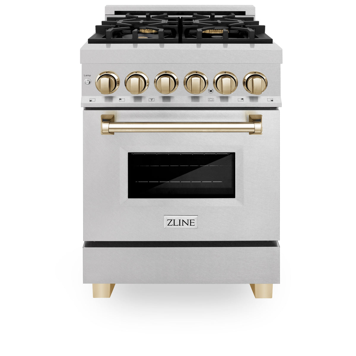 ZLINE Autograph Edition 24 in. 2.8 cu. ft. Legacy Dual Fuel Range with 4 Burner Gas Cooktop and Electric Convection Oven in Satin Stainless Steel and Polished Gold Accents (RASZ-SN-24-G)