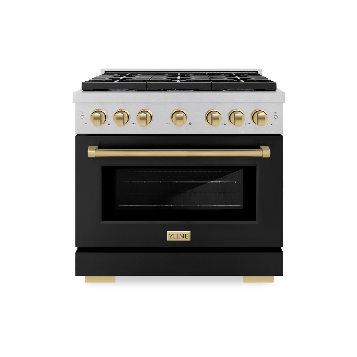 ZLINE Autograph Edition 36 in. 5.2 cu. ft. Paramount Dual Fuel Range with 6 Burner Gas Cooktop and Electric Convection Oven in Satin Stainless Steel with Black Matte Door and Champagne Bronze Accents (SDRSZ-BLM-36-CB)