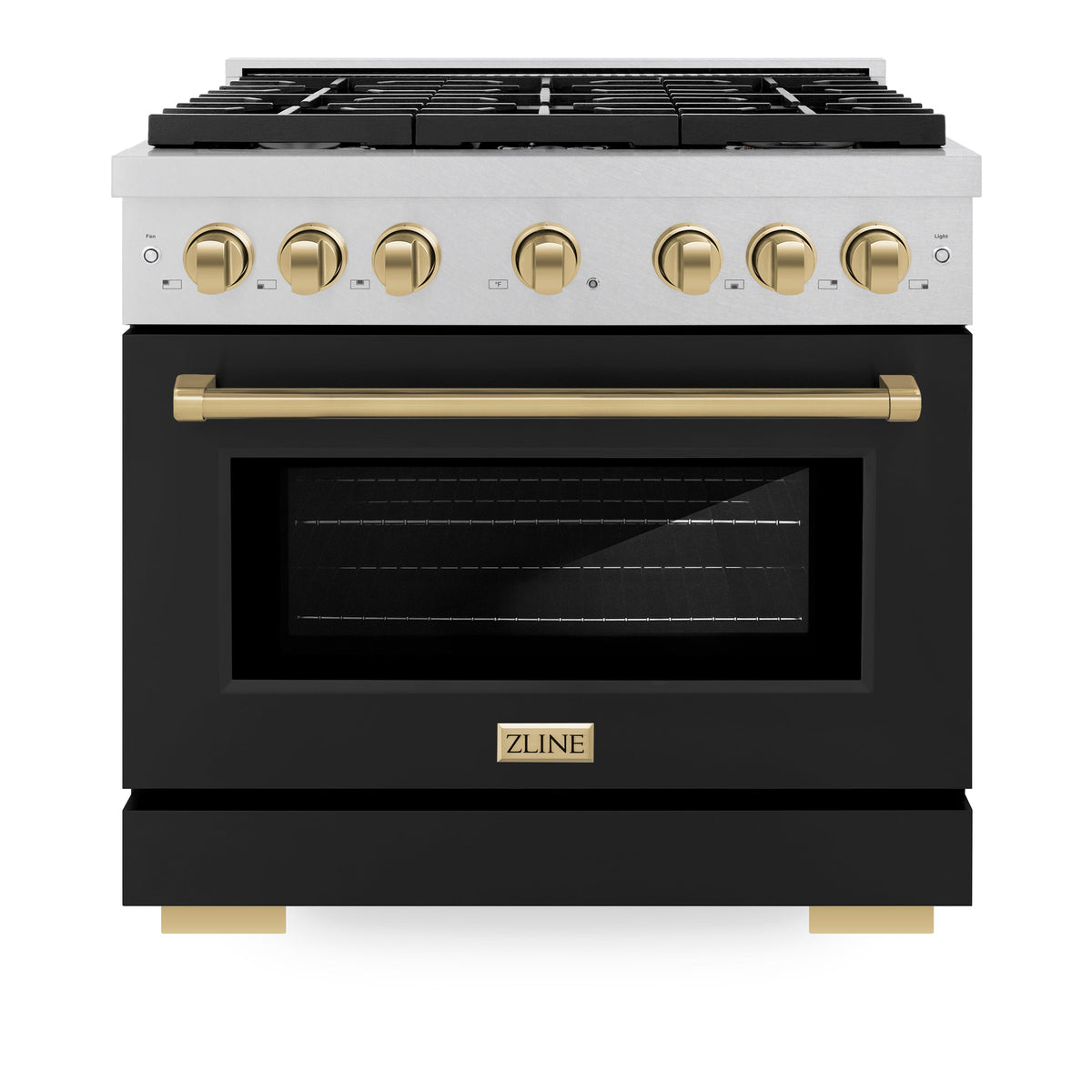 ZLINE Autograph Edition 36 in. 5.2 cu. ft. Paramount Dual Fuel Range with 6 Burner Gas Cooktop and Electric Convection Oven in Satin Stainless Steel with Black Matte Door and Champagne Bronze Accents (SDRSZ-BLM-36-CB)