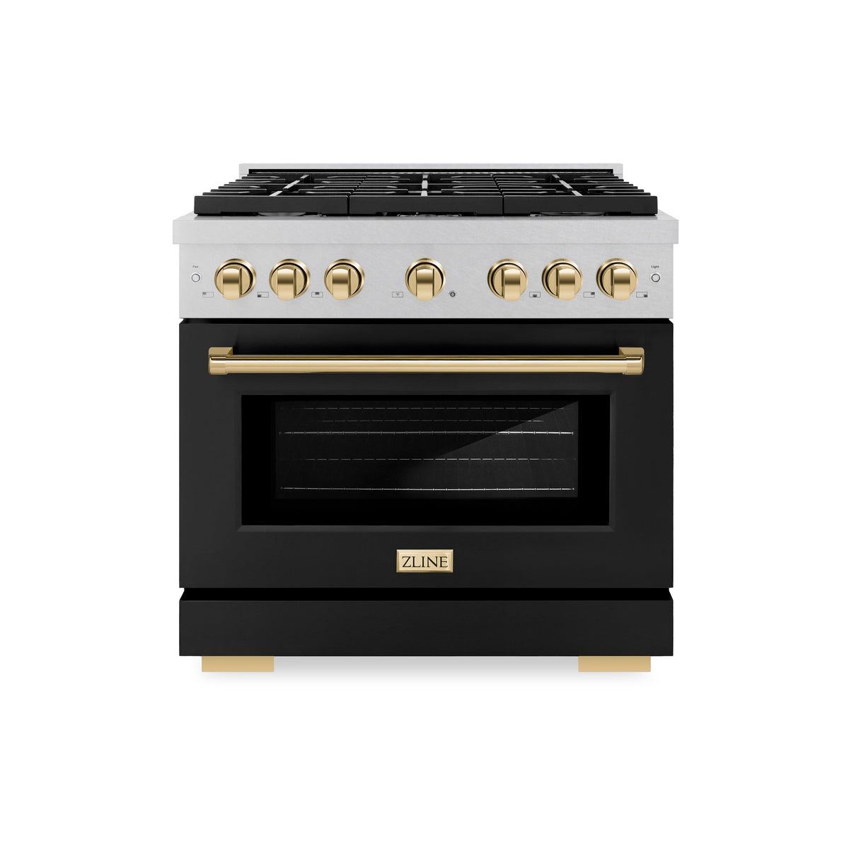 ZLINE Autograph Edition 36 in. 5.2 cu. ft. Paramount Dual Fuel Range with 6 Burner Gas Cooktop and Electric Convection Oven in Satin Stainless Steel with Black Matte Door and Polished Gold Accents (SDRSZ-BLM-36-G)