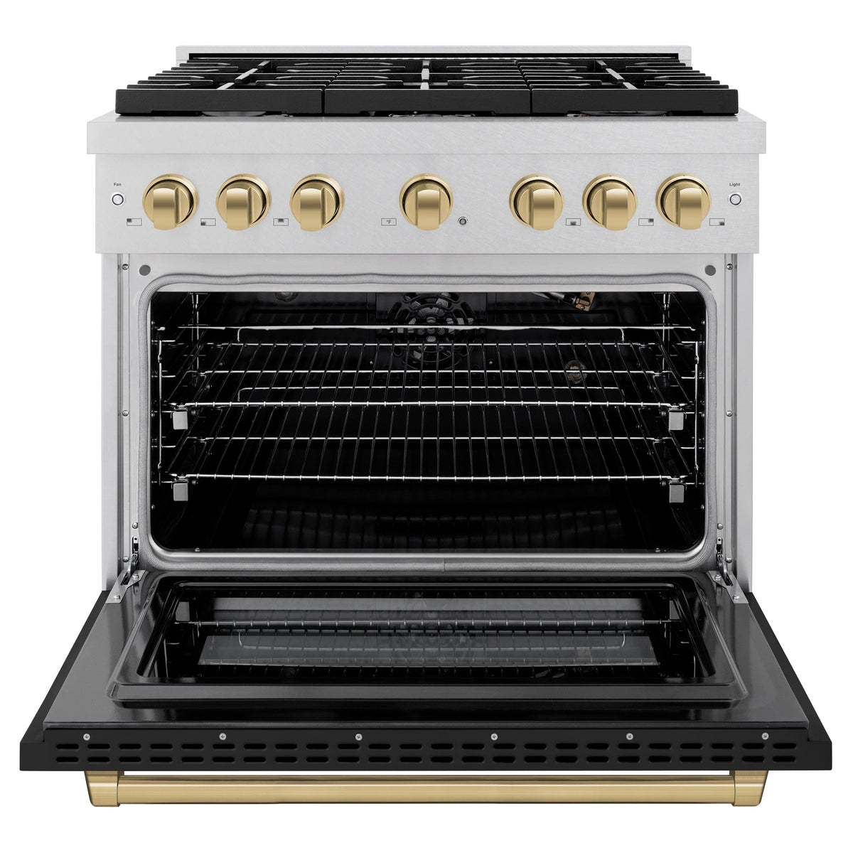 ZLINE Autograph Edition 36 in. 5.2 cu. ft. Paramount Gas Range with 6 Burner Cooktop and Convection Gas Oven in Satin Stainless Steel with Black Matte Door and Champagne Bronze Accents (SGRSZ-BLM-36-CB)
