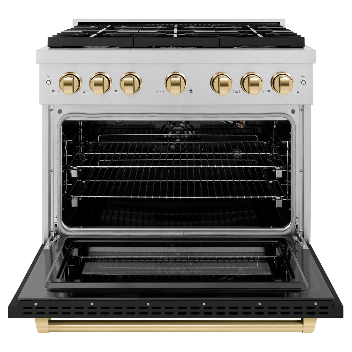 ZLINE Autograph Edition 36 in. 5.2 cu. ft. Paramount Gas Range with 6 Burner Cooktop and Convection Gas Oven in Satin Stainless Steel with Black Matte Door and Polished Gold Accents (SGRSZ-BLM-36-G)