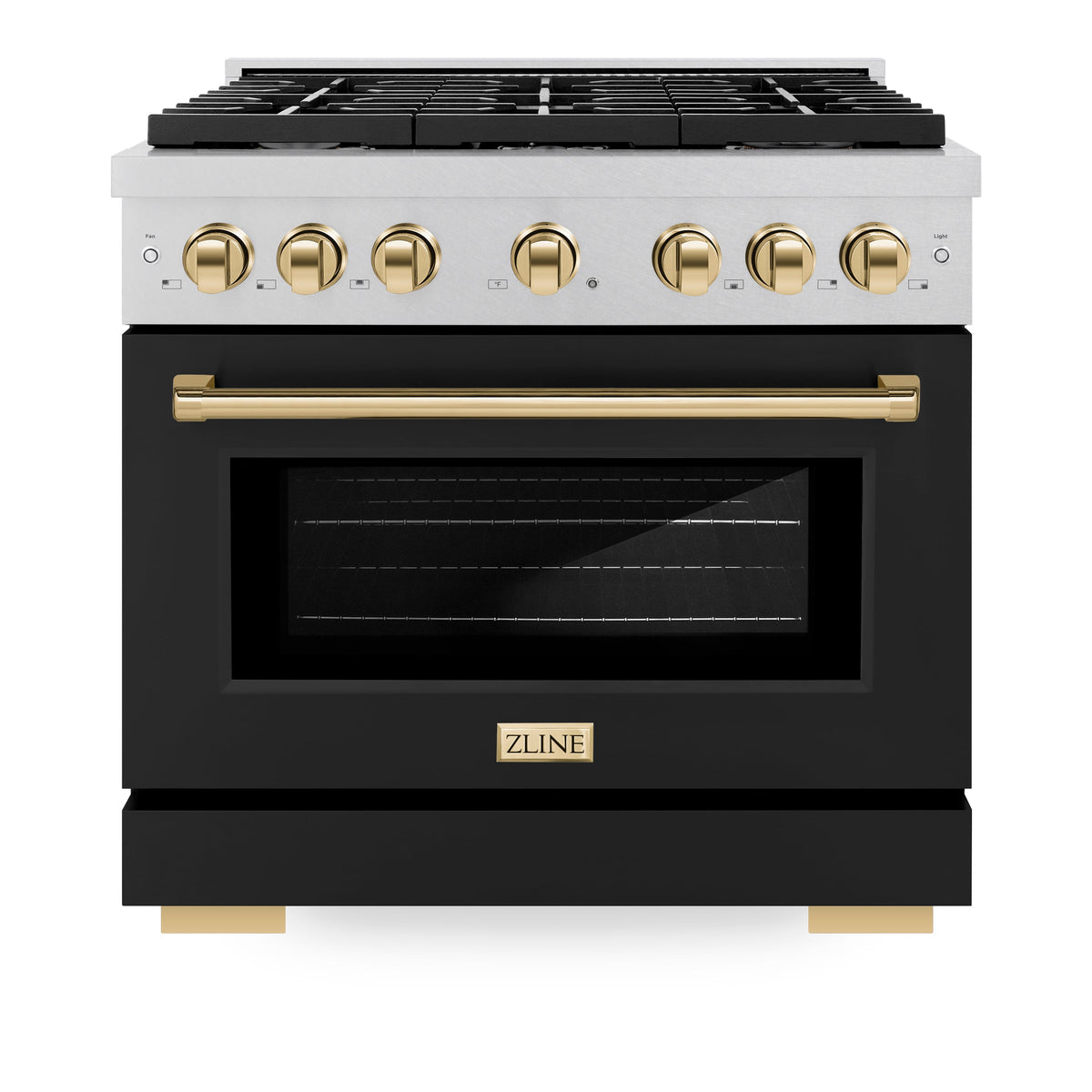 ZLINE Autograph Edition 36 in. 5.2 cu. ft. Paramount Gas Range with 6 Burner Cooktop and Convection Gas Oven in Satin Stainless Steel with Black Matte Door and Polished Gold Accents (SGRSZ-BLM-36-G)