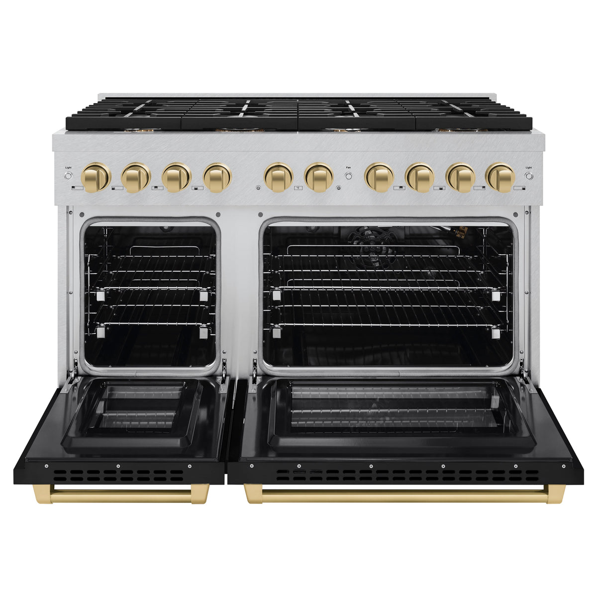 ZLINE Autograph Edition 48 in. 6.7 cu. ft. Paramount Double Oven Gas Range with 8 Burner Cooktop in Satin Stainless Steel with Black Matte Doors and Champagne Bronze Accents (SGRSZ-BLM-48-CB)