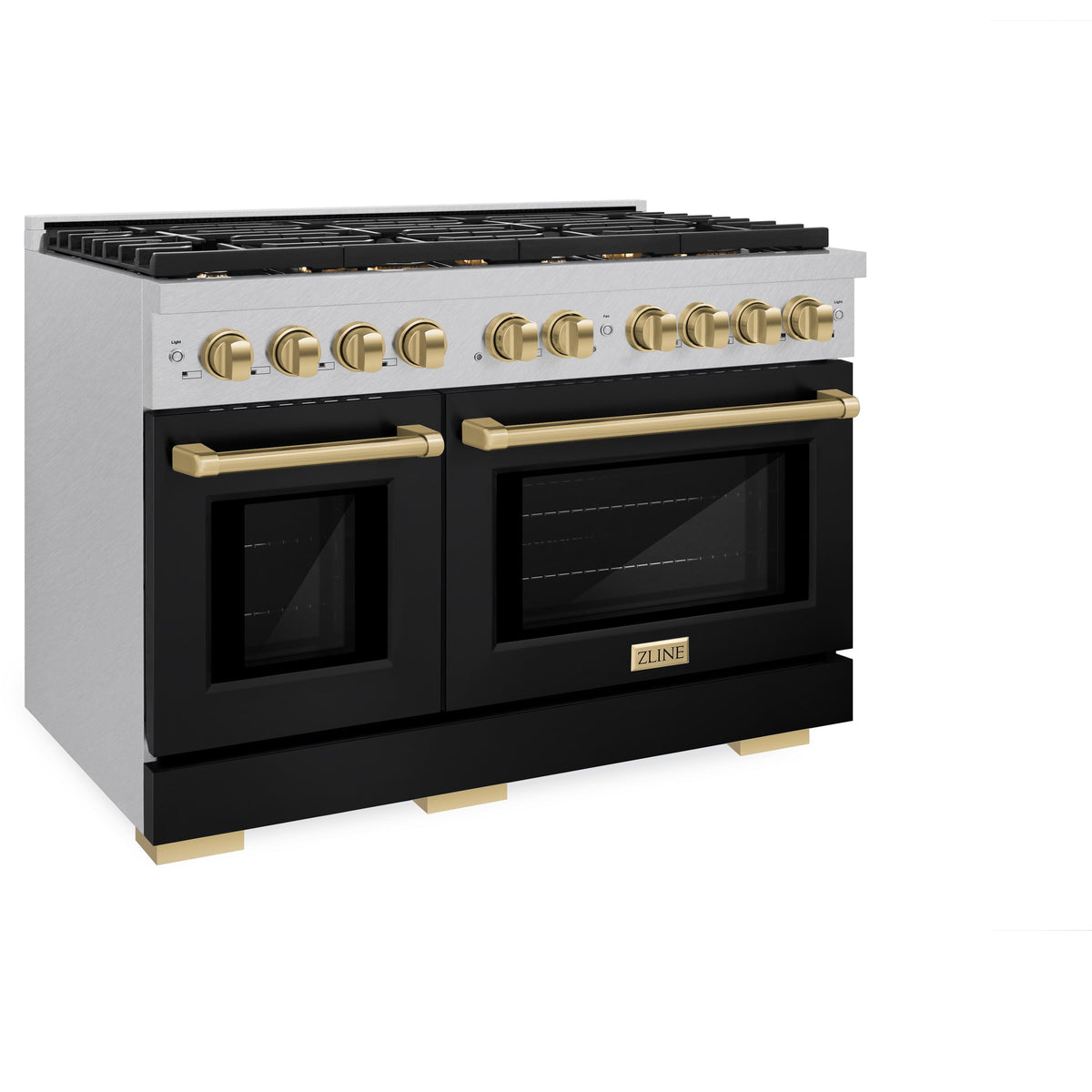 ZLINE Autograph Edition 48 in. 6.7 cu. ft. Paramount Double Oven Gas Range with 8 Burner Cooktop in Satin Stainless Steel with Black Matte Doors and Champagne Bronze Accents (SGRSZ-BLM-48-CB)