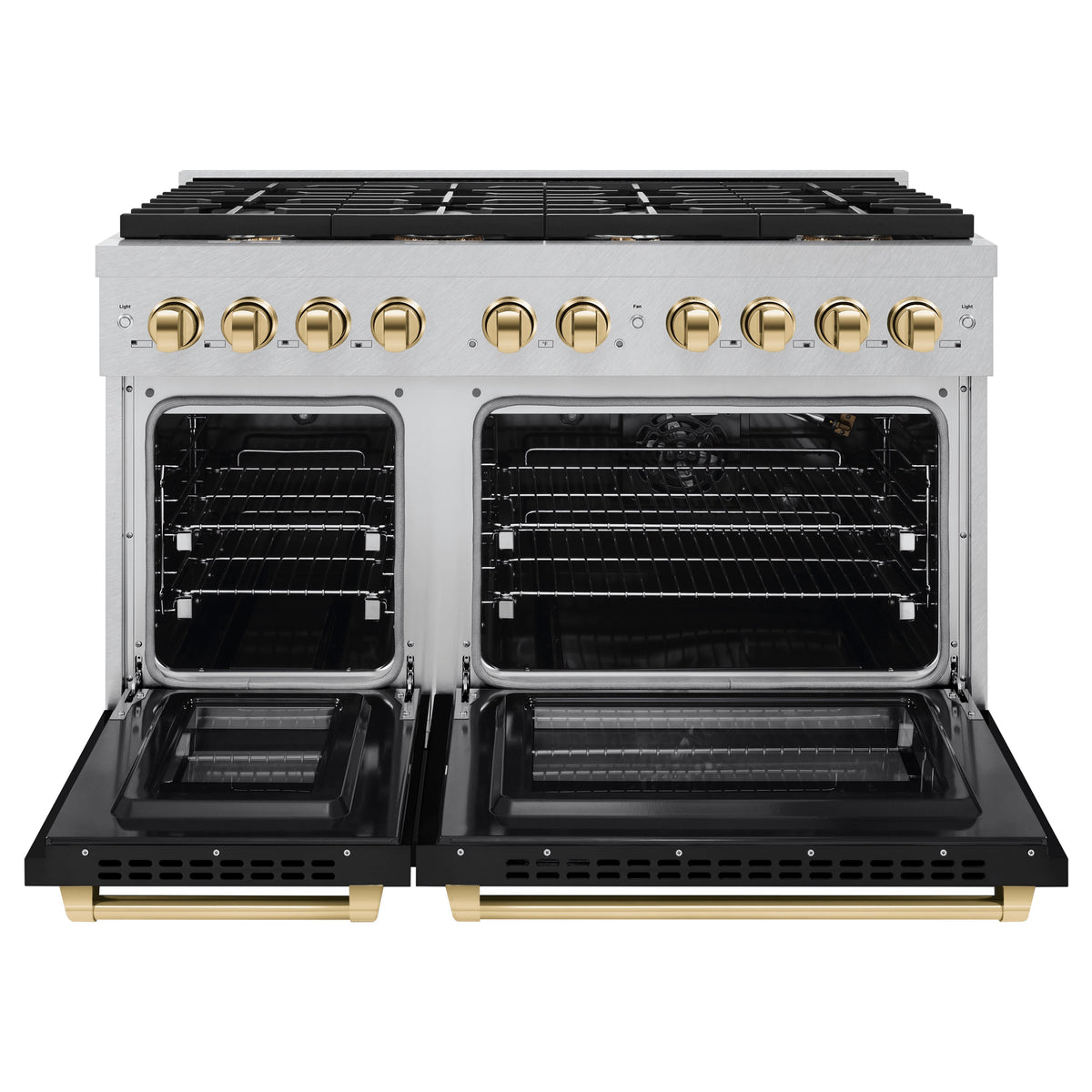ZLINE Autograph Edition 48 in. 6.7 cu. ft. Paramount Double Oven Gas Range with 8 Burner Cooktop in Satin Stainless Steel with Black Matte Doors and Polished Gold Accents (SGRSZ-BLM-48-G)