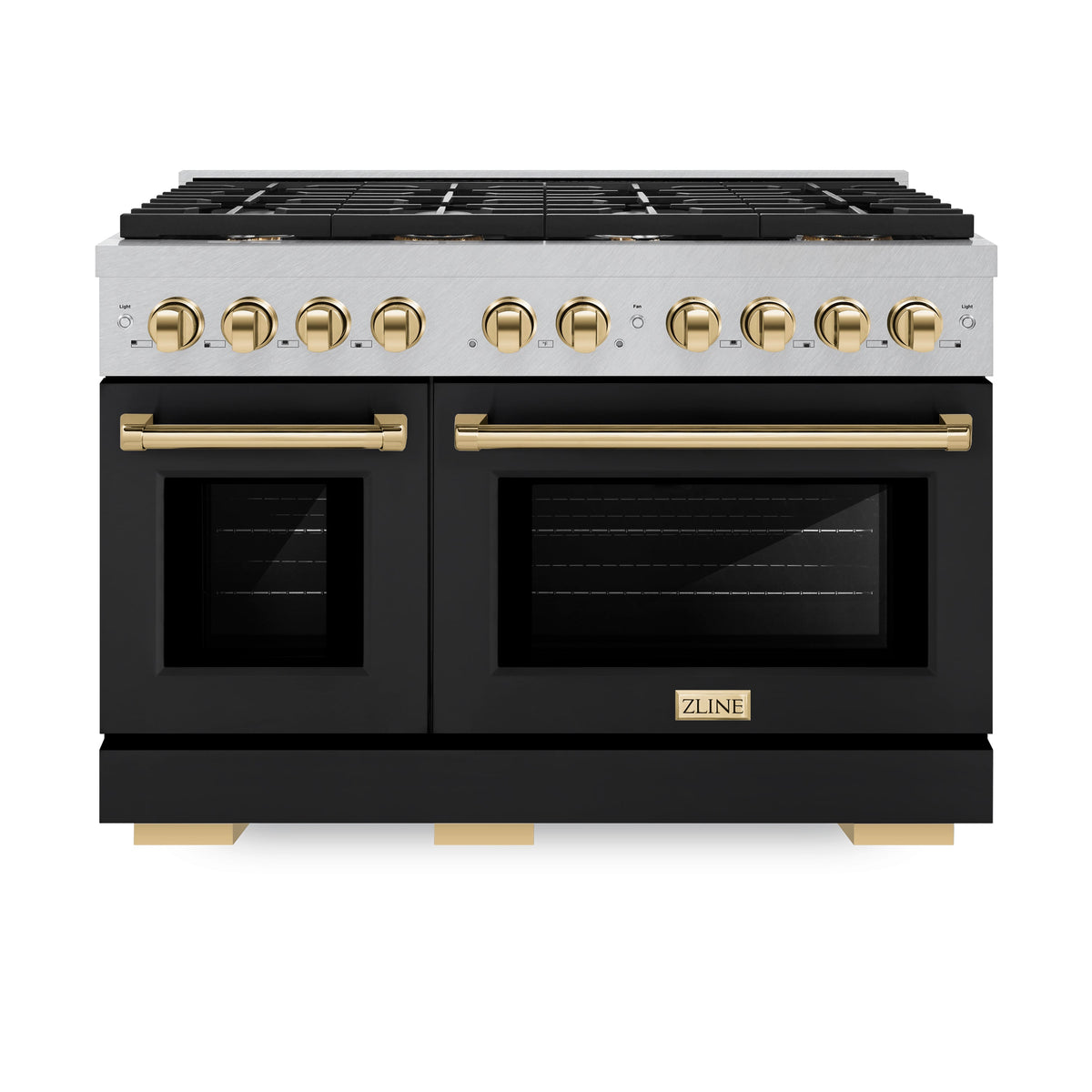 ZLINE Autograph Edition 48 in. 6.7 cu. ft. Paramount Double Oven Gas Range with 8 Burner Cooktop in Satin Stainless Steel with Black Matte Doors and Polished Gold Accents (SGRSZ-BLM-48-G)