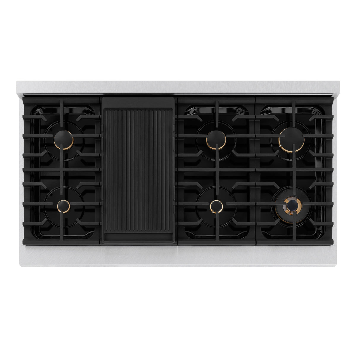 ZLINE Autograph Edition 48 in. 6.7 cu. ft. Paramount Double Oven Gas Range with 8 Burner Cooktop in Satin Stainless Steel with Black Matte Doors and Polished Gold Accents (SGRSZ-BLM-48-G)